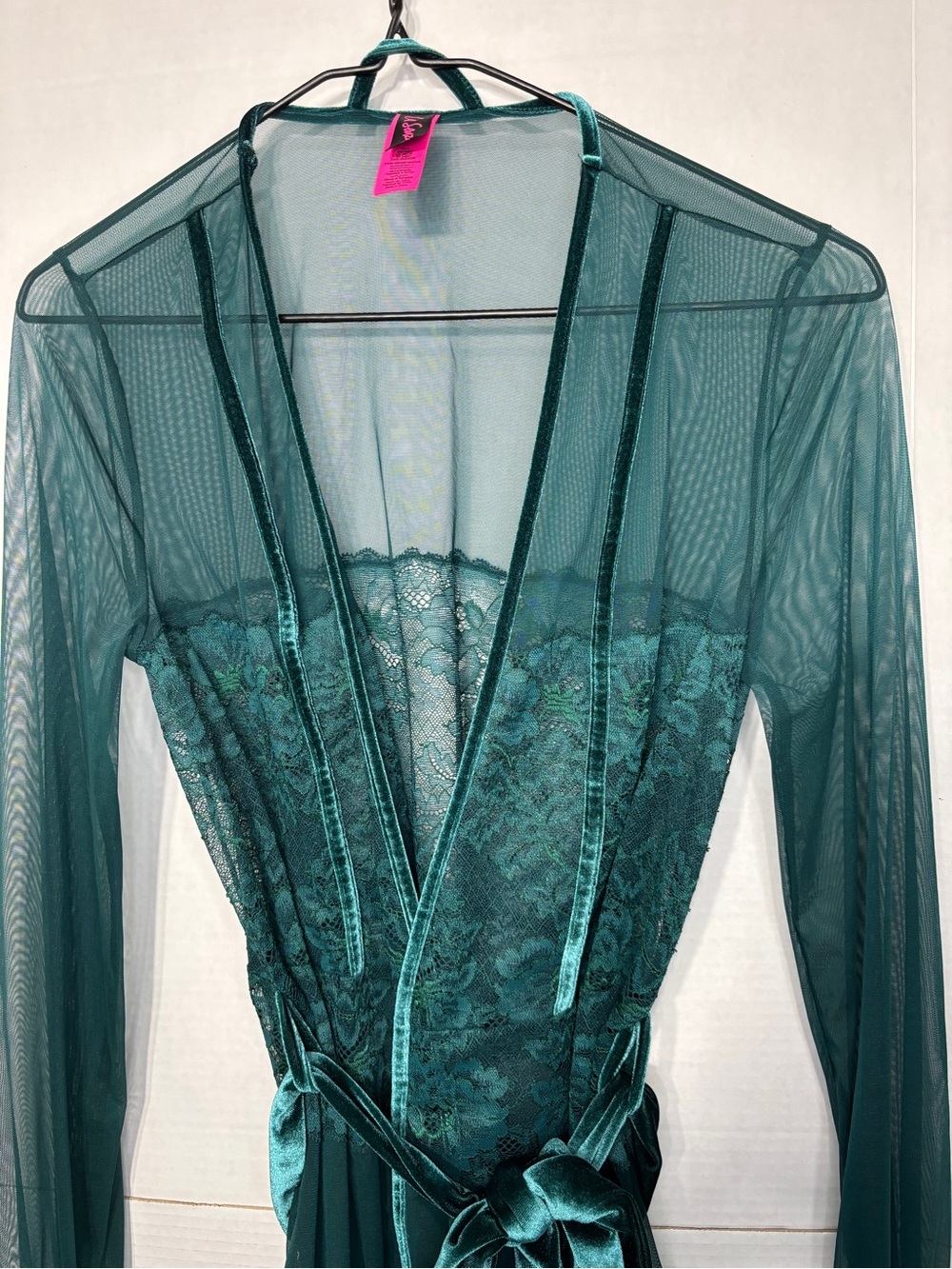 La SENZA Deep Teal Green Sheer Lace Short Robe Satin Tie Mesh Layer Sleepwear - Picture 3 of 12